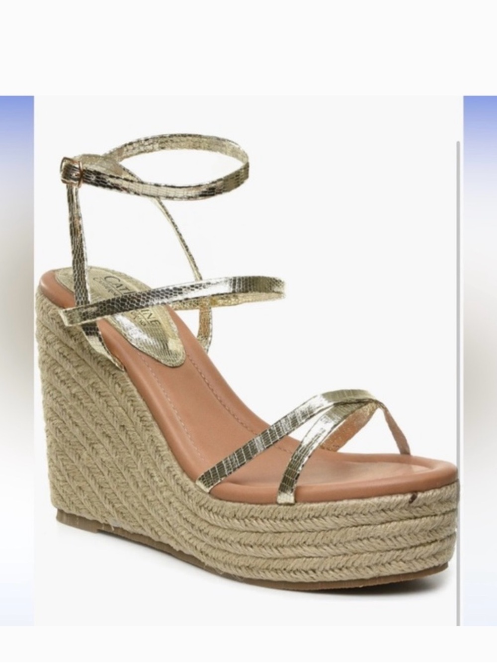 Catherine Malandrino Metallic Gold Strappy Espadrille Wedge Sandals